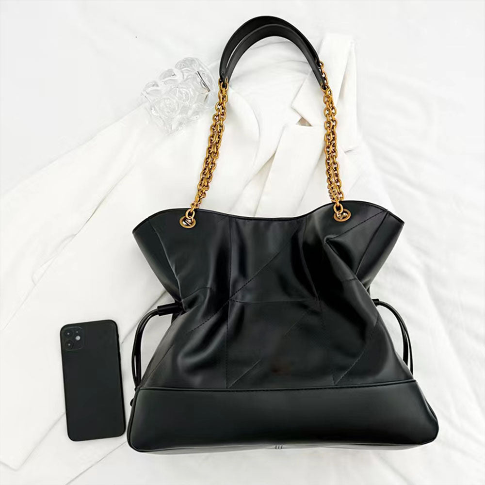 Drawstring Bucket Bag with Chain Shoulder Straps